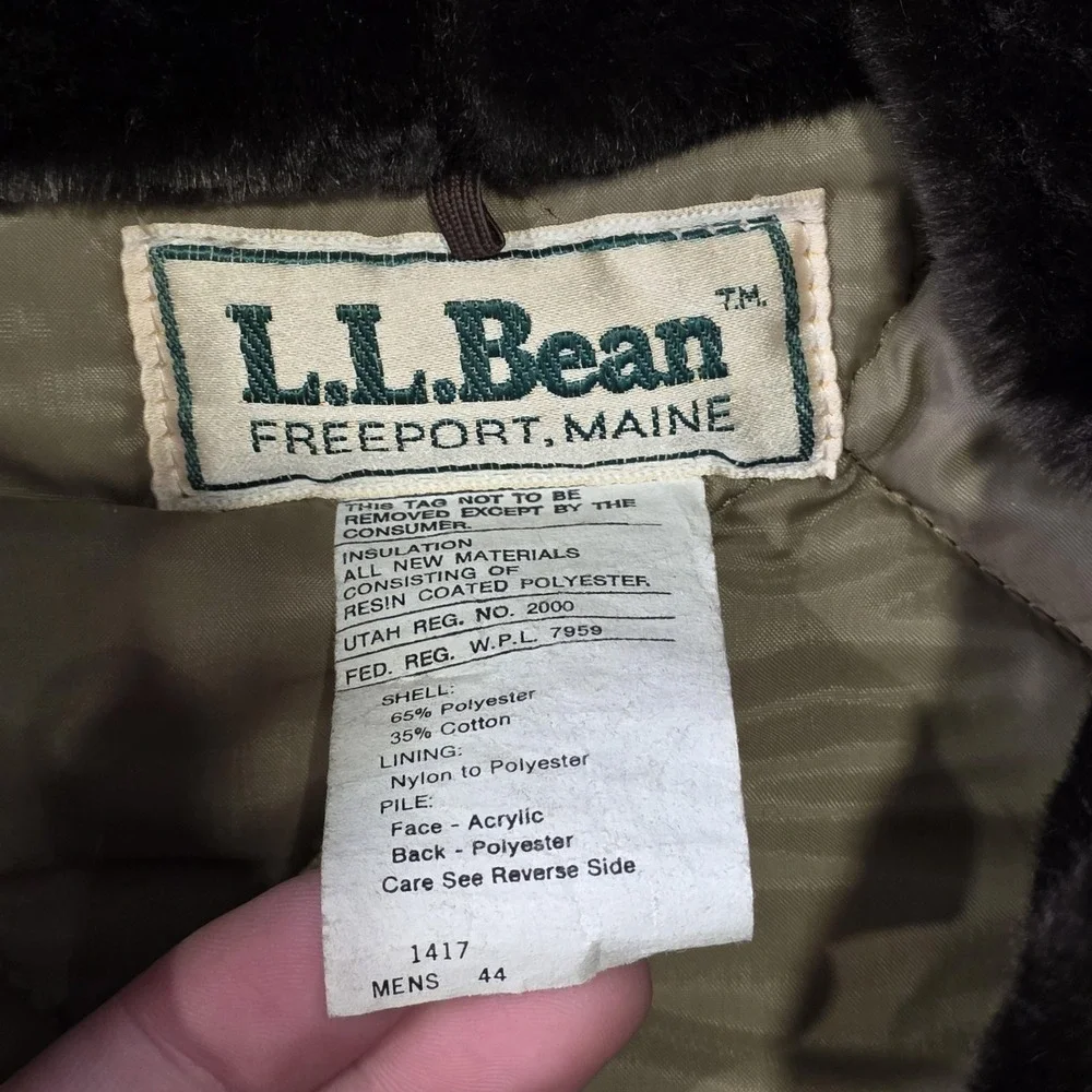 VTG LL Bean Parka Coat Mens 44 Green Hooded Canvas Fur Lined Insulated Military